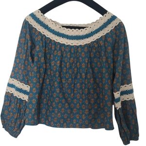 LUNA MOON Cotton Blouse Floral Blue and Cream Patterned Women's Top